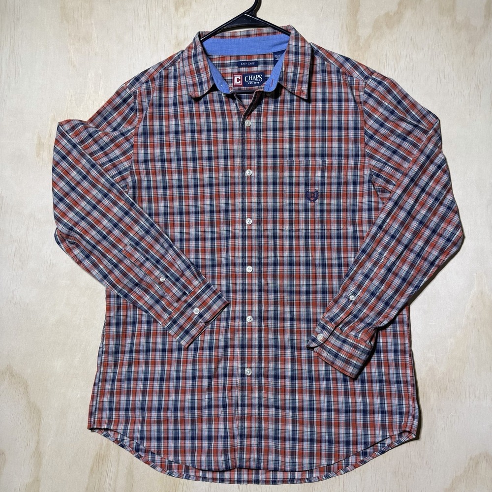 Chaps Men's Medium Red Blue Plaid Easy Care Button Down Long Sleeve Shirt